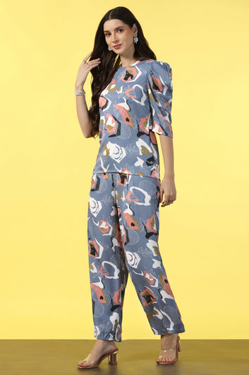 Womens Grey Cotton Blend Abstract Printed co-ord Sets