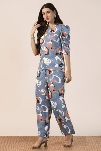 Womens Grey Cotton Blend Abstract Printed co-ord Sets