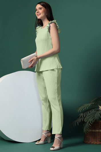 Womens Pista Cotton Blend Solid Top With Trouser Set