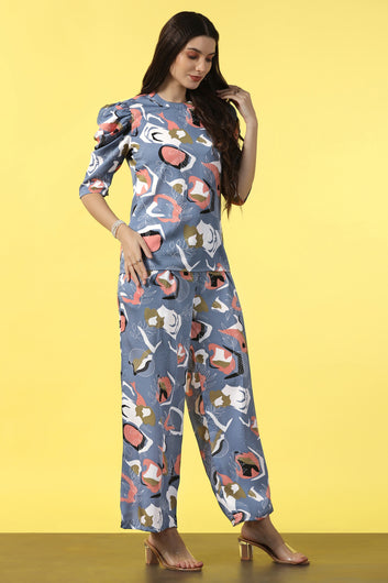 Womens Grey Cotton Blend Abstract Printed co-ord Sets