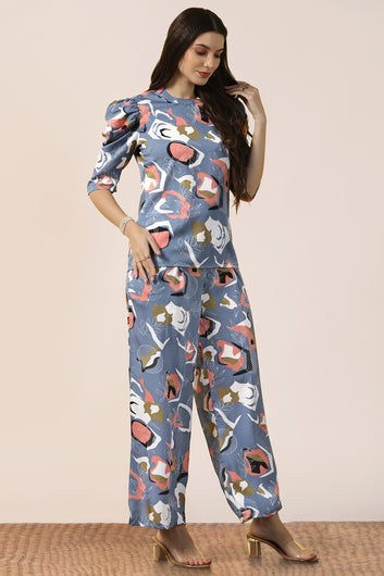 Womens Grey Cotton Blend Abstract Printed co-ord Sets