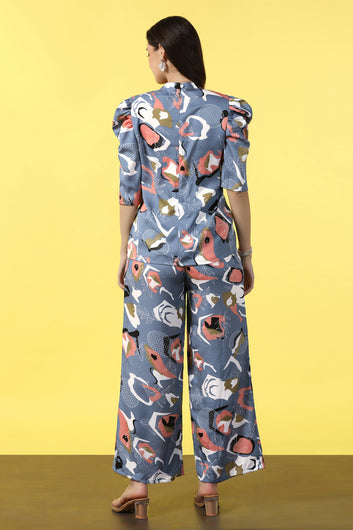 Womens Grey Cotton Blend Abstract Printed co-ord Sets