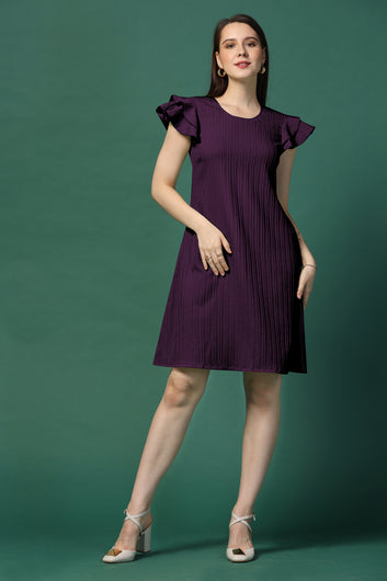 Womens Dark Purple Cotton Blend Solid Knee Length Western Dress