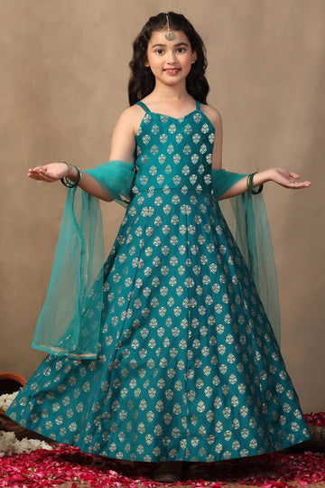 Girl's Teal Roman  Silk Foil Printed Maxi Length Ethnic Dress