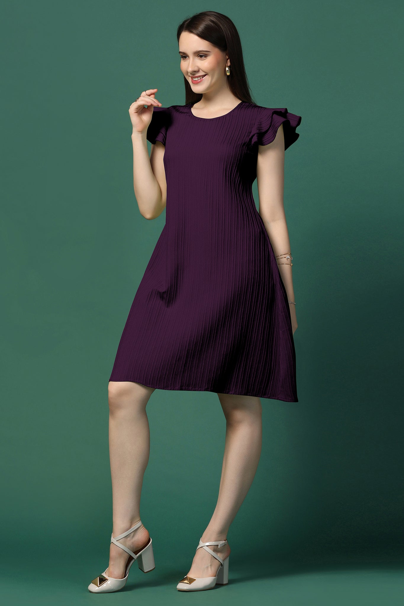 Womens Dark Purple Cotton Blend Solid Knee Length Western Dress