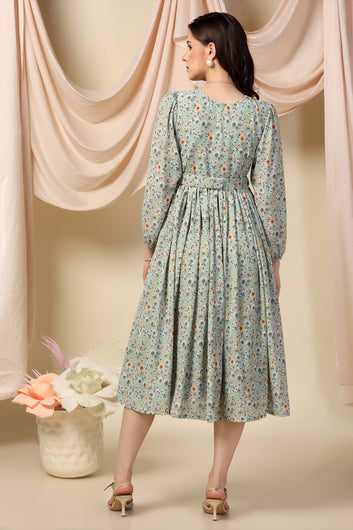 Womens Pista Lurex Checks Floral Printed Calf Length Dress