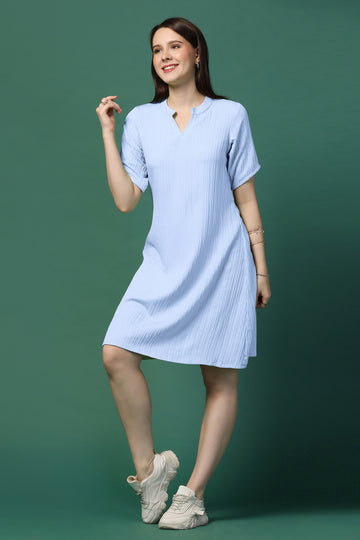 Womens Sky Blue Cotton Blend Solid Knee Length Western Dress