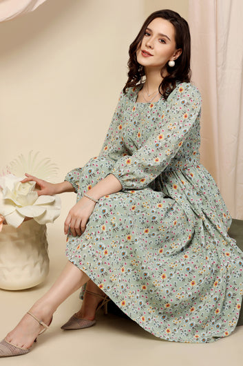 Womens Pista Lurex Checks Floral Printed Calf Length Dress