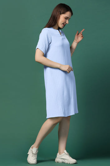 Womens Sky Blue Cotton Blend Solid Knee Length Western Dress