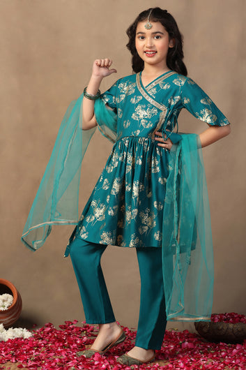 Girl's Teal Roman Silk Foil Printed Salwar Suit Set with Dupatta