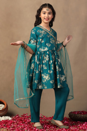 Girl's Teal Roman Silk Foil Printed Salwar Suit Set with Dupatta