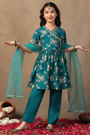 Girl's Teal Roman Silk Foil Printed Salwar Suit Set with Dupatta