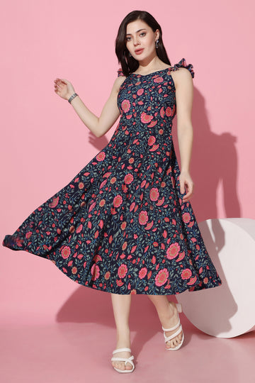 Womens Navy Blue Crepe Floral Printed Calf Length Dress