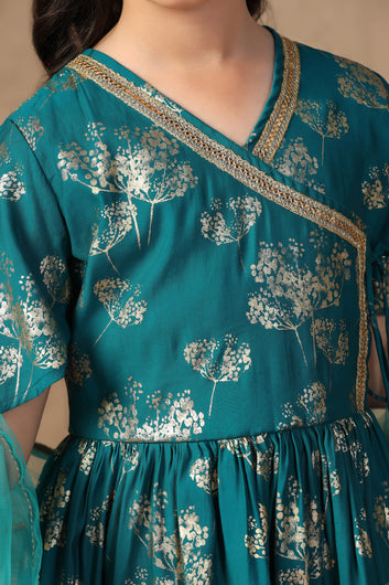 Girl's Teal Roman Silk Foil Printed Salwar Suit Set with Dupatta