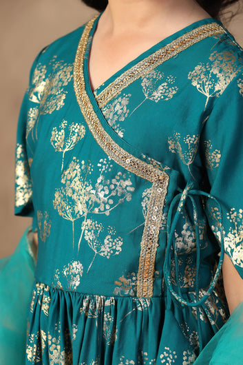 Girl's Teal Roman Silk Foil Printed Salwar Suit Set with Dupatta