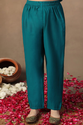 Girl's Teal Roman Silk Foil Printed Salwar Suit Set with Dupatta