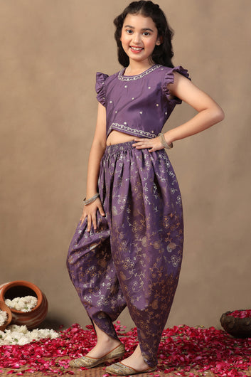 Girl's violet Roman Silk Foil Printed Crop Top And Dhoti set