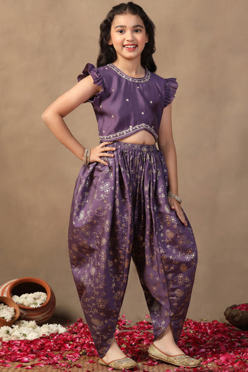 Girl's violet Roman Silk Foil Printed Crop Top And Dhoti set