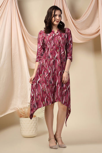 Womens Wine Muslin All-over Printed Calf Length Dress