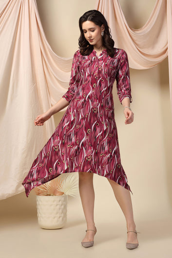 Womens Wine Muslin All-over Printed Calf Length Dress