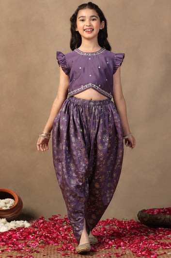 Girl's violet Roman Silk Foil Printed Crop Top And Dhoti set