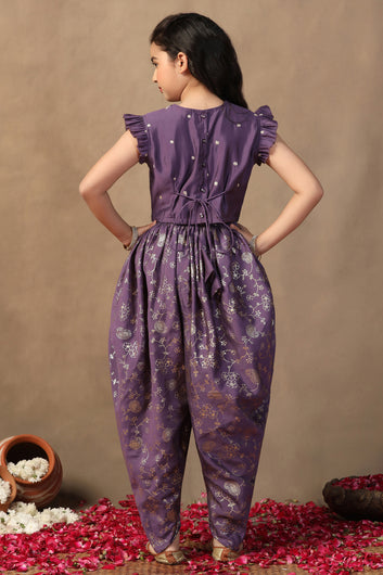 Girl's violet Roman Silk Foil Printed Crop Top And Dhoti set