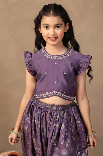 Girl's violet Roman Silk Foil Printed Crop Top And Dhoti set