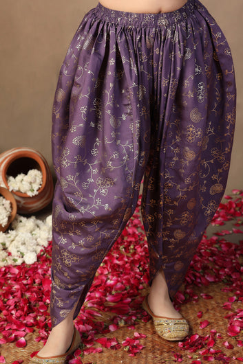 Girl's violet Roman Silk Foil Printed Crop Top And Dhoti set