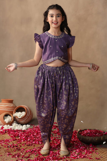 Girl's violet Roman Silk Foil Printed Crop Top And Dhoti set