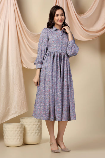 Womens Grey BSY Polyester Floral Printed Calf Length Dress