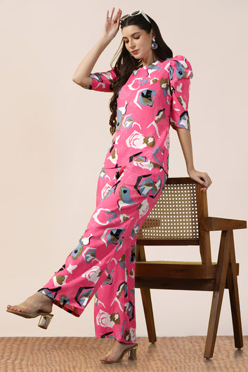 Womens Pink Cotton Blend Abstract Printed co-ord Sets