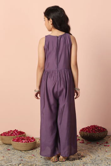 Girls Purple Chanderi Silk Embroidered Jumpsuit