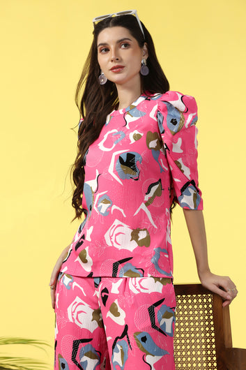 Womens Pink Cotton Blend Abstract Printed co-ord Sets