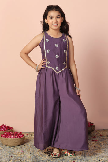 Girls Purple Chanderi Silk Embroidered Jumpsuit