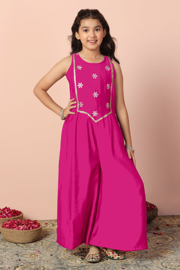 Girls Rani Chanderi Silk Embroidered Jumpsuit