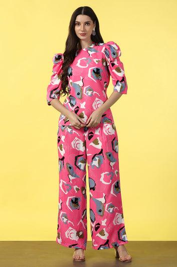 Womens Pink Cotton Blend Abstract Printed co-ord Sets