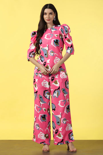 Womens Pink Cotton Blend Abstract Printed co-ord Sets