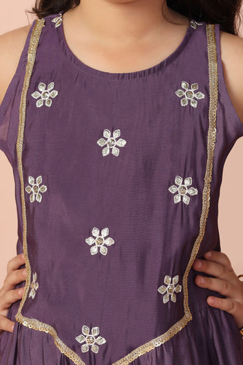 Girls Purple Chanderi Silk Embroidered Jumpsuit