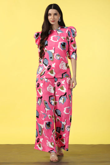 Womens Pink Cotton Blend Abstract Printed co-ord Sets