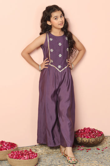 Girls Purple Chanderi Silk Embroidered Jumpsuit