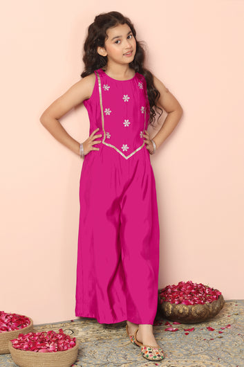 Girls Rani Chanderi Silk Embroidered Jumpsuit