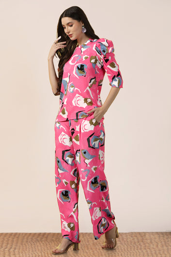 Womens Pink Cotton Blend Abstract Printed co-ord Sets