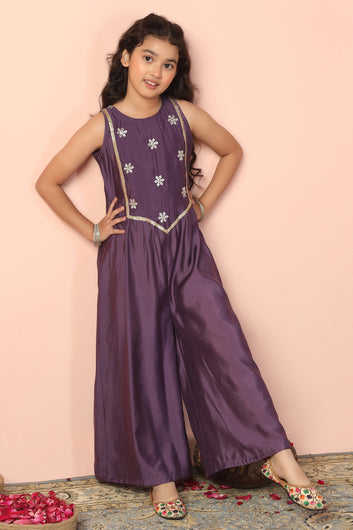 Girls Purple Chanderi Silk Embroidered Jumpsuit