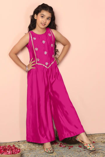 Girls Rani Chanderi Silk Embroidered Jumpsuit