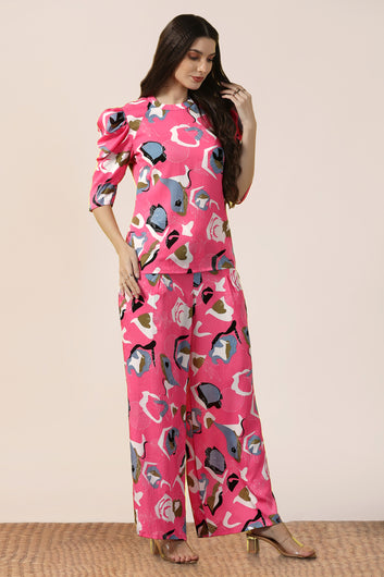 Womens Pink Cotton Blend Abstract Printed co-ord Sets