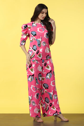 Womens Pink Cotton Blend Abstract Printed co-ord Sets