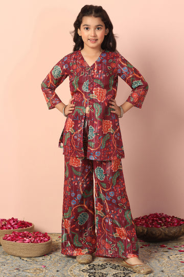 Girls Maroon Georgette Printed Kurta Palazzo Set