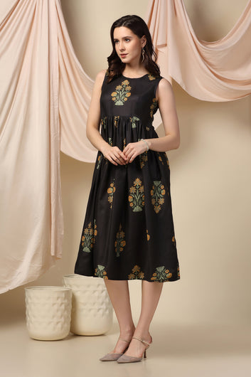 Womens Black Slub Floral Printed Knee Length Dress