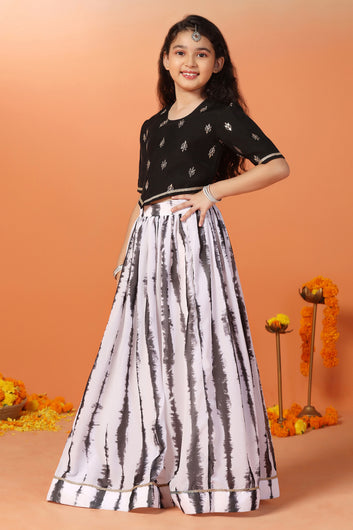 Girl's Black Georgette Tie & Dye Printed Lehenga With Embroidered Choli Set