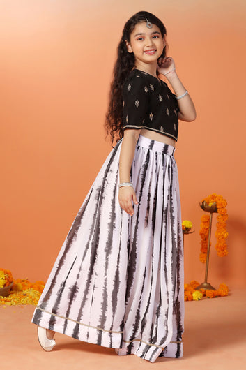 Girl's Black Georgette Tie & Dye Printed Lehenga With Embroidered Choli Set